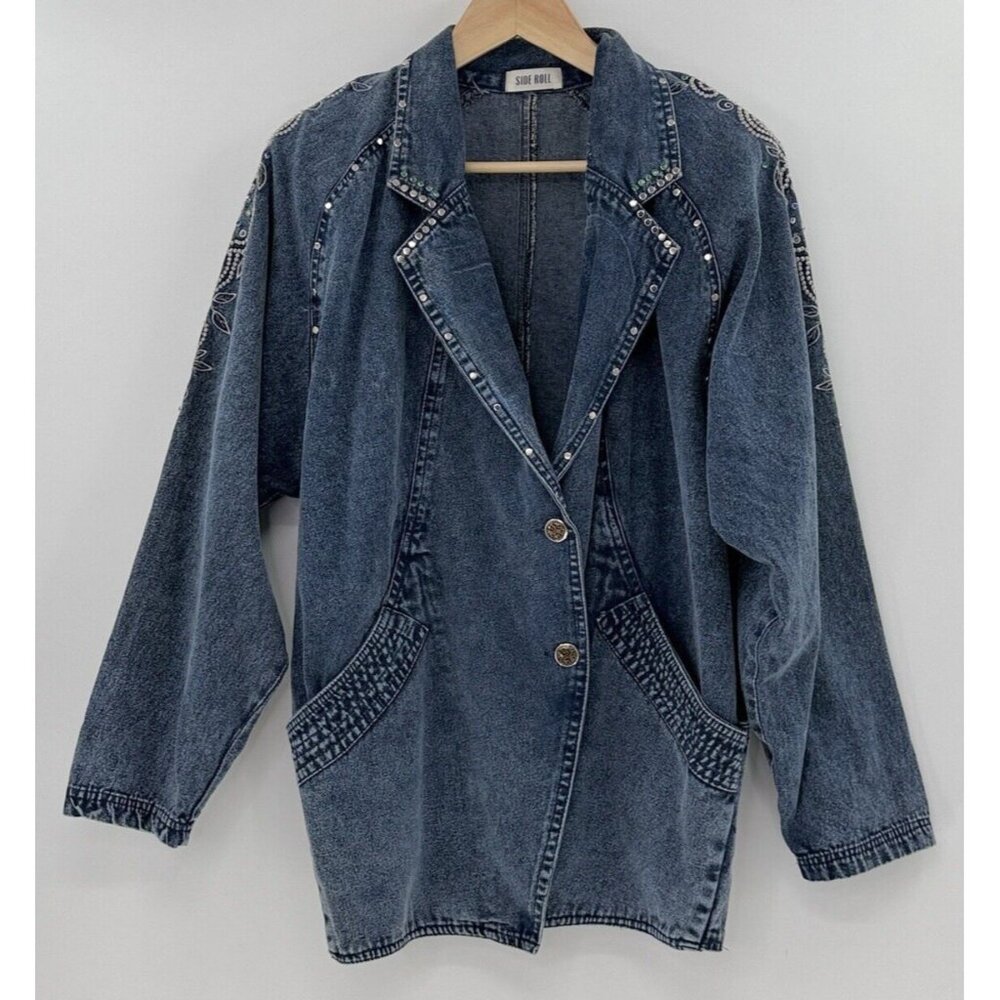 Vtg Side Roll Studded Embroidered Jacket Denim Studded Pocket Button One Sz Flaw